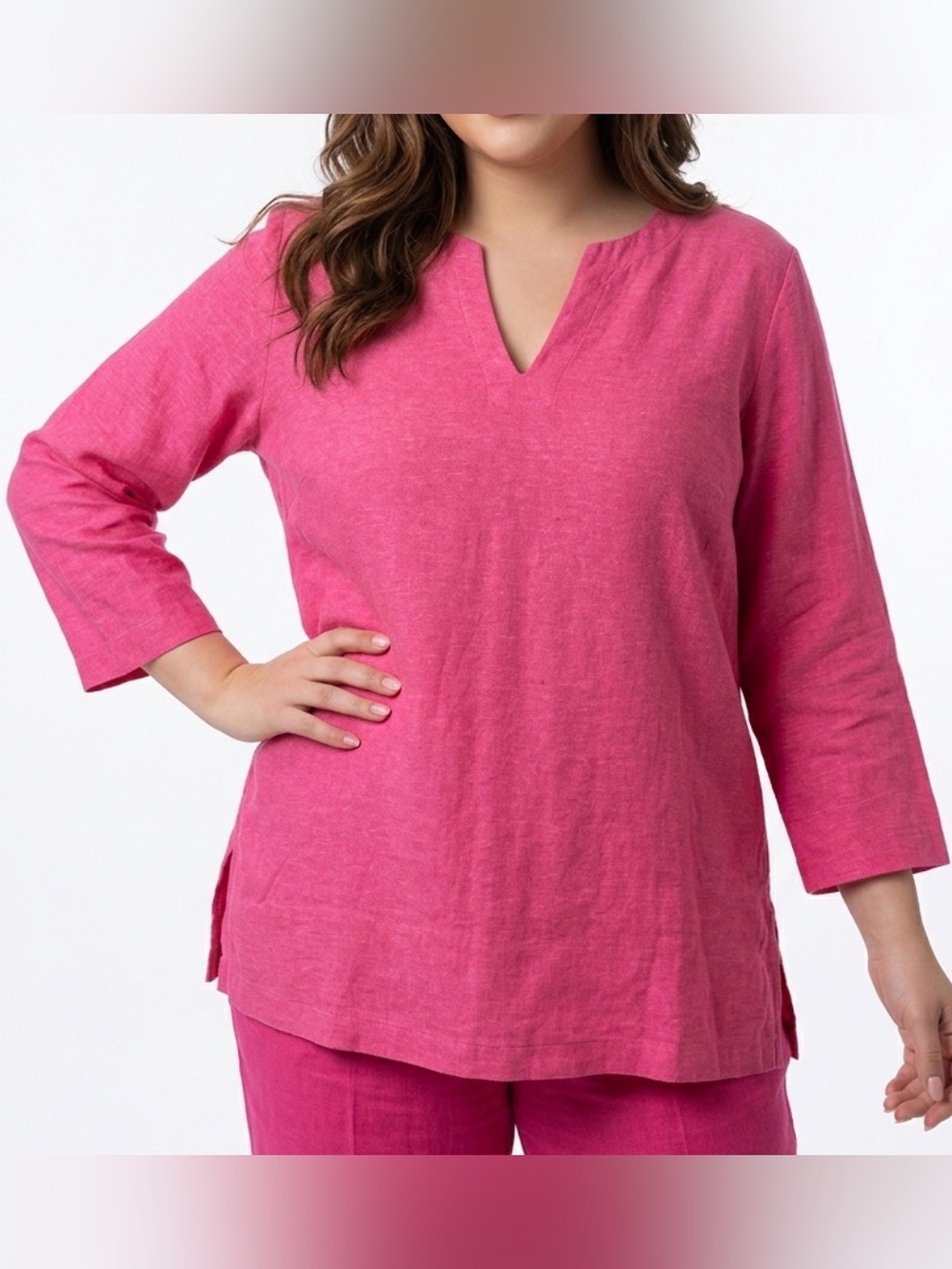 Lands' End Women's XL Pink Linen
Blend Tunic Top 3/4 Sleeve Split Neck Pockets